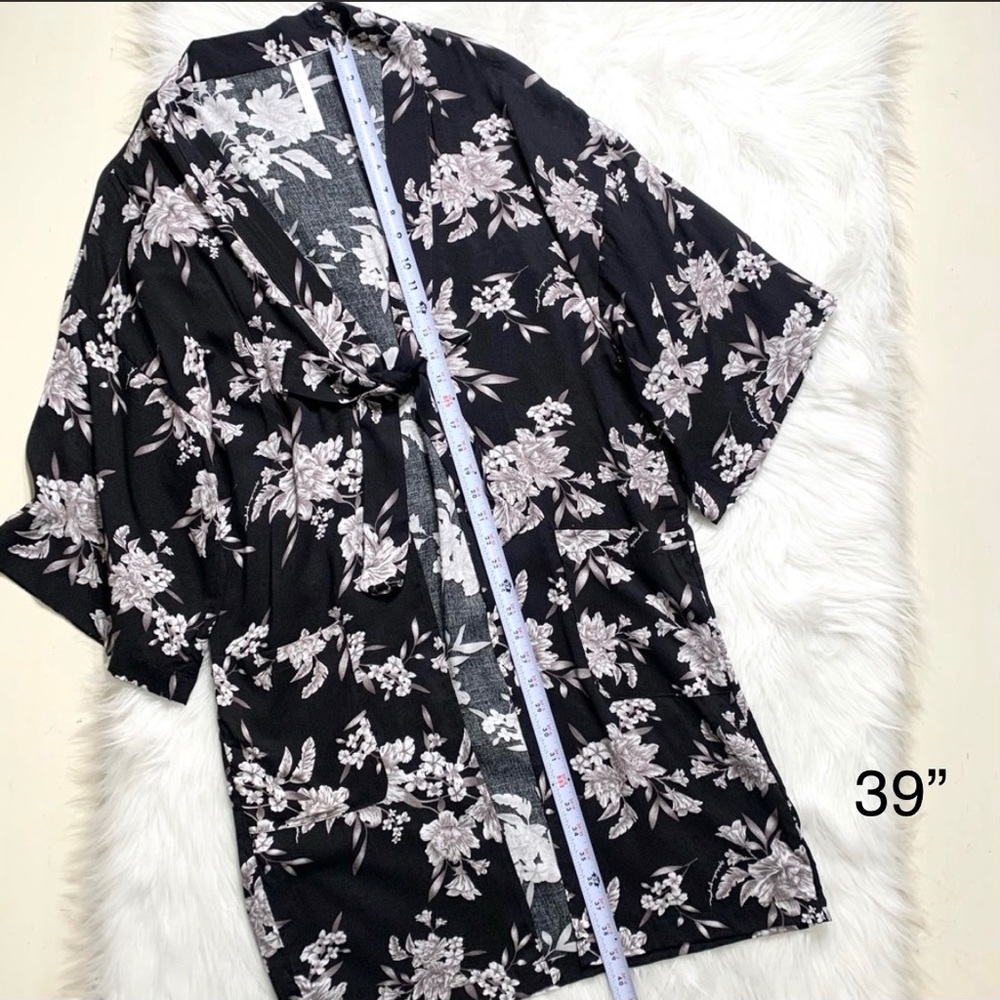 Spiritual Gangster Tropical Floral Print Black Tie Waist Kimono Wrap Cardigan - Picture 12 of 12